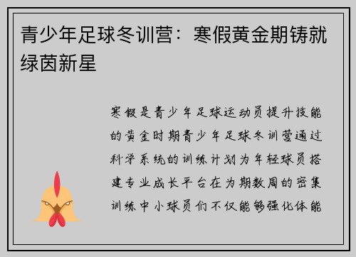 青少年足球冬训营：寒假黄金期铸就绿茵新星