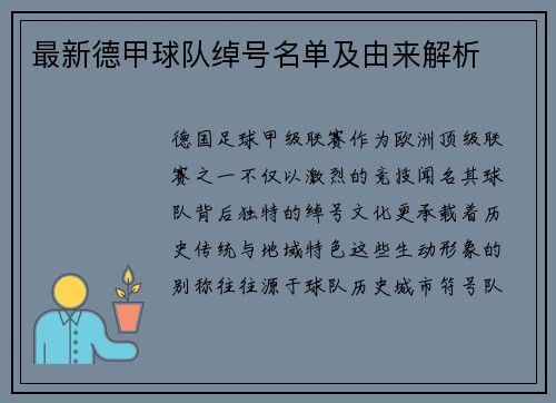 最新德甲球队绰号名单及由来解析